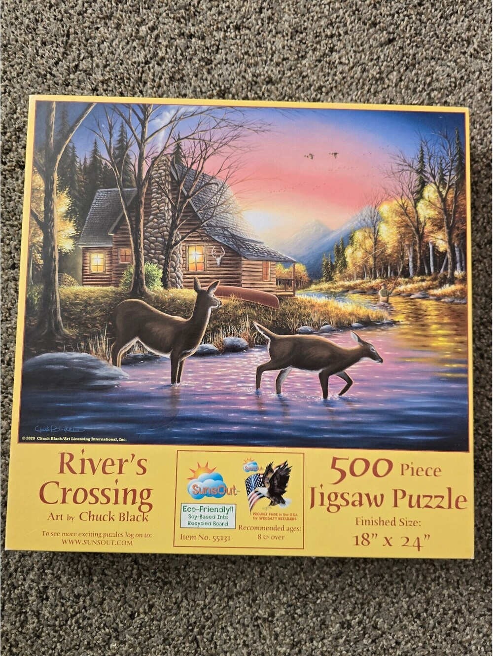 SunsOut River's Crossing 500 Piece Jigsaw Puzzle Chuck Black Wildlife Complete